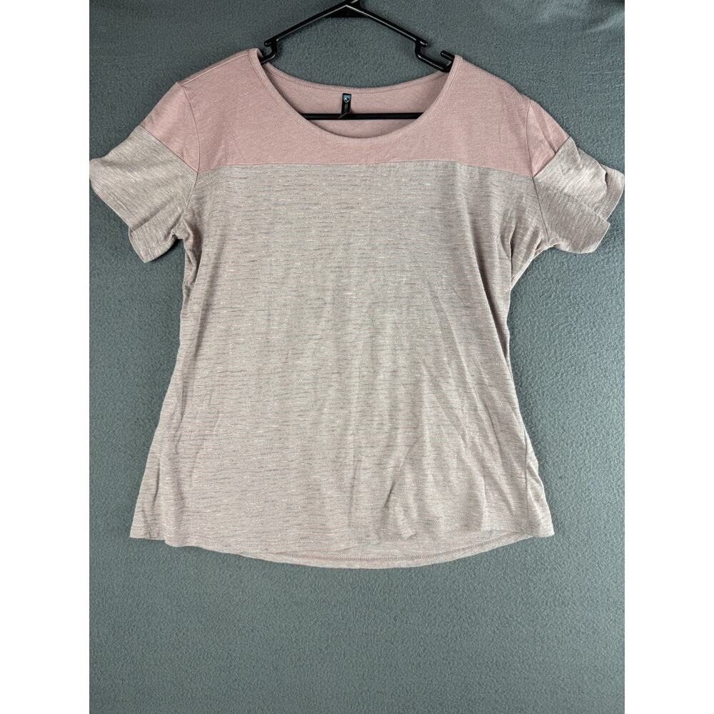 Kuhl Women's size Large Pink Gray Striped Short Sleeve Shirt Active Gorpcore